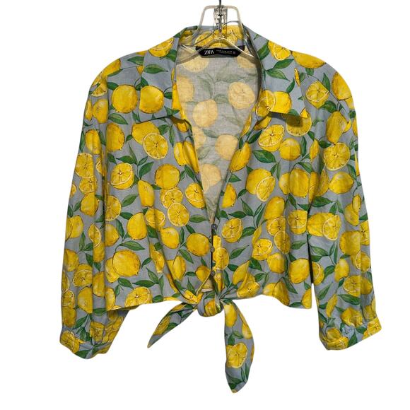 Zara Lemon Print Tie-Waist Top Womens Medium Linen Blend Beachy Novelty Fruit - Picture 2 of 11